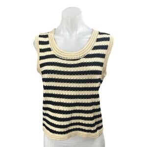 Commense Women's Cream Black Striped Sleeveless Knit Sweater Vest Tank Top Sz L